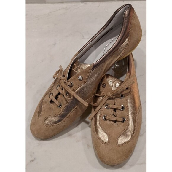 Tod's Shoes - Women's TOD'S Beige Leather & Metallic Gold/Pewter Leather Low-Top Sneakers 11.5